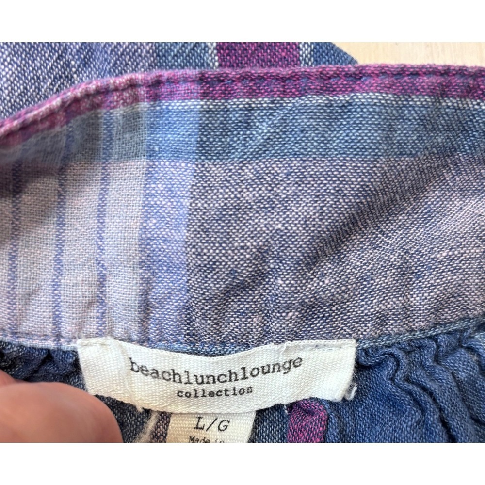 Beach Lunch Lounge Blue Purple Plaid Linen Cotton Square Neck Ruffle Top Large - Picture 4 of 13